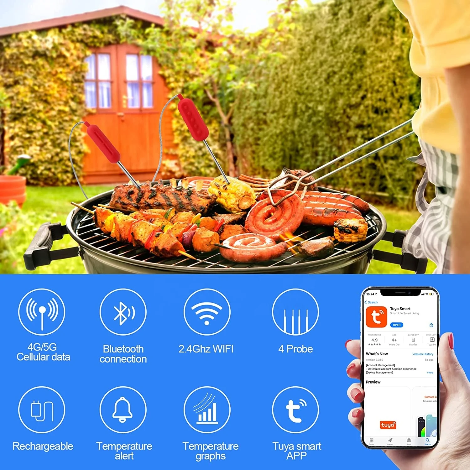 Tuya Wireless Food Thermometer Digital Smart Wi-Fi Bluetooth Meat Probe Thermometer for Kitchen Oven Grill BBQ Turkey Smoker