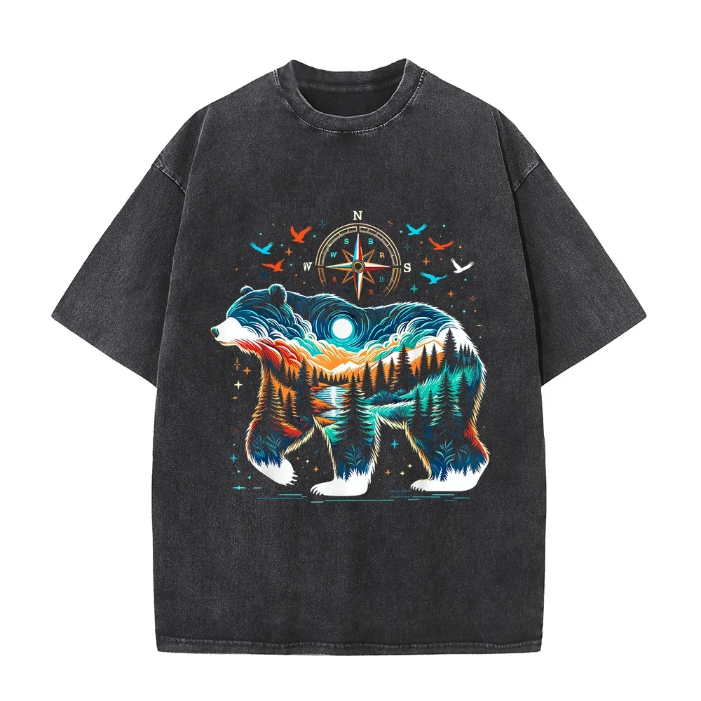 Retro Forest Bear Wildlife Animal Nature Camping T-Shirt T Shirts Man Streetwear Clothing 티셔츠 Street Wear Cotton Tee Short