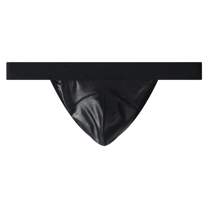 Men Sexy Jockstrap Underwear Glossy Patent Leather Low Waist Tight U Pouach Thongs G String High Elastic T-Back Open Butt Thong