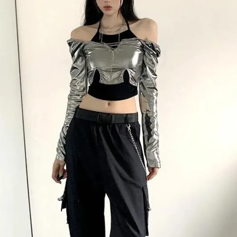 

Women's Y2K Metallic Silver Off Shoulder Crop Top Long Sleeve Patchwork Slim Fit Streetwear Top