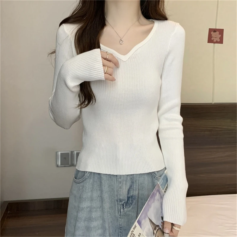 

Womens Long Sleeve V-Neck Sweater Ribbed Knit Solid Color Top Base Shirts 066C