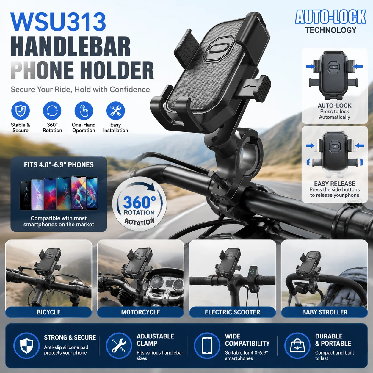 Support de téléphone pour moto, fixation sur guidon à verrouillage automatique, 360° °   Support de téléphone portable universel rotatif pour moto, vélo, scooter