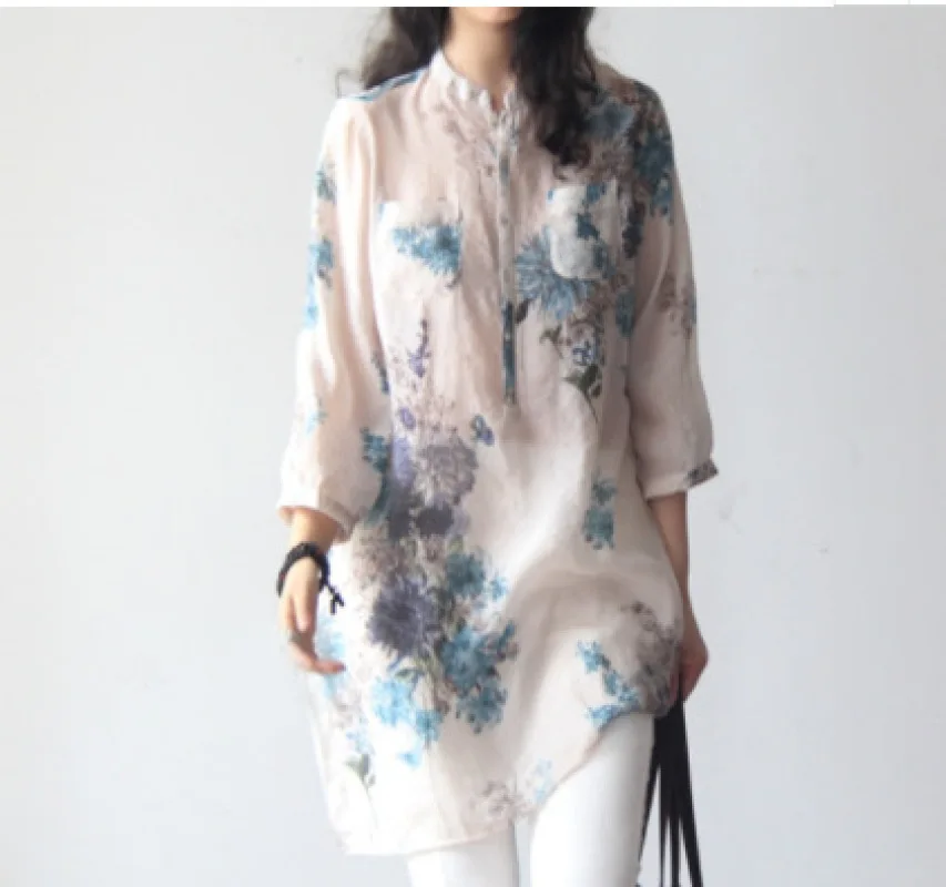 Elegant Fashion Sweet Floral Printing Button Long Shirt Summer 2023 Polo-Neck Three Quarter Sleeve Loose Tops Women\'s Clothing