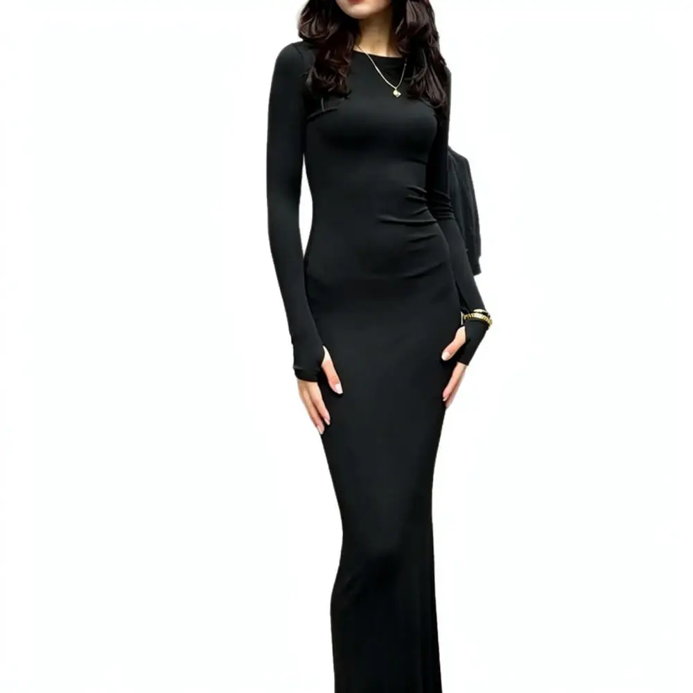 Fall Fashion Sexy Bodycon Maxi Dress Women Slim Fit Long Sleeve Dresses Elegant Round Neck Casual Party Club Outfits