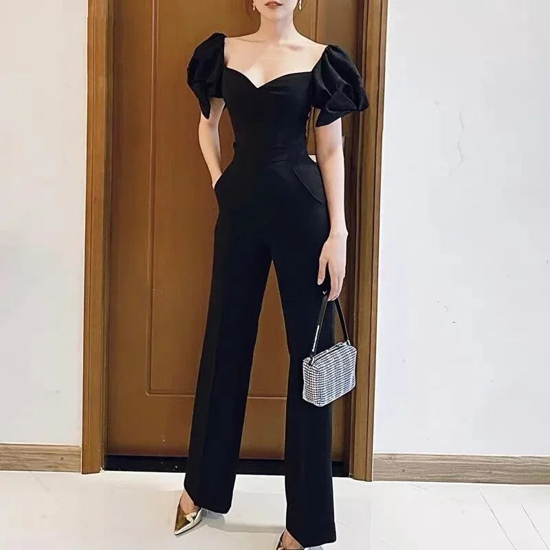 Black Jumpsuits Women Elegant Square Collar Puff Sleeve Long Rompers Vintage Business Streetwear Jumpsuit Luxury Summer