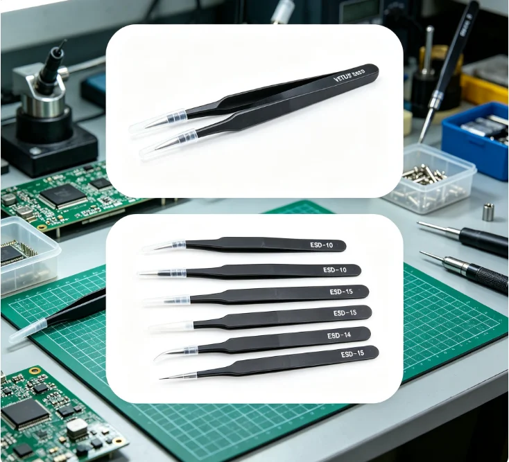 High Quality VETUS ESD Anti‑Static Tweezers 6Pcs Set Steel Tweezers for BGA Repair Soldering Model Making Home Working Tools