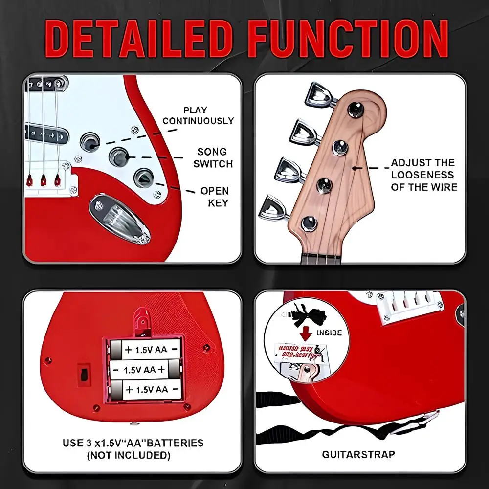 17インチ子供用エレキギターおもちゃ、4弦、LEDライト＆音楽付き、USB充電式楽器ギフト、男の子女の子向け3～8歳