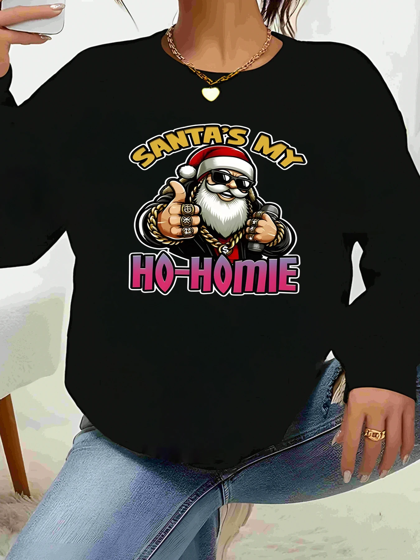 

Футболка с длинными рукавами и рождественским принтом Santa's My Ho Homie, праздничная повседневная женская одежда