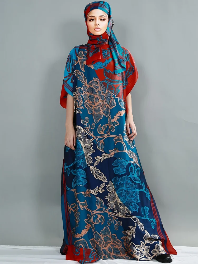 Luxury Soft Muslim Print Abayas Women Short SLeeves Imitated Silk Satin Long Dress Loose Femme Robe Islam Dresses With Hijabs