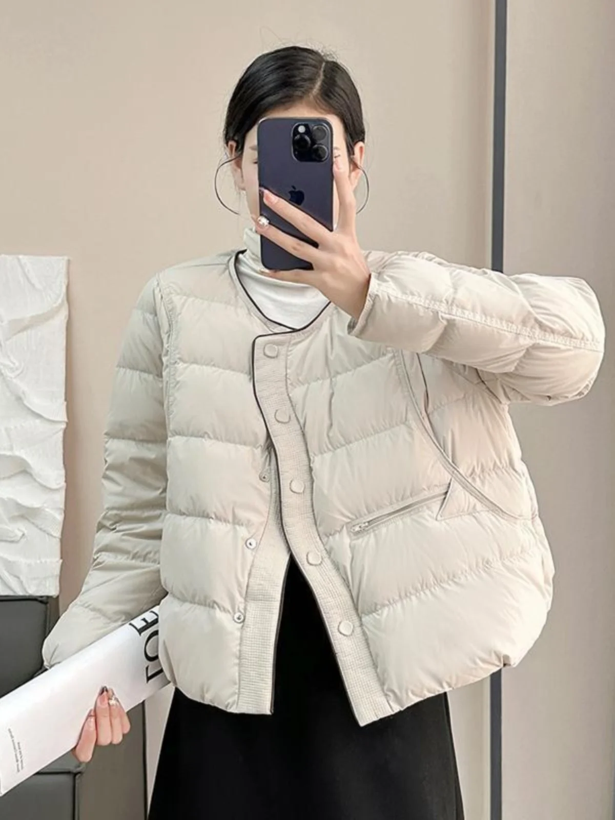 

Women's Cotton Jacket Lightweight Short Loose Warm round Neck Winter Outerwear Fashionable Korean Style Thickened Long Sleeve