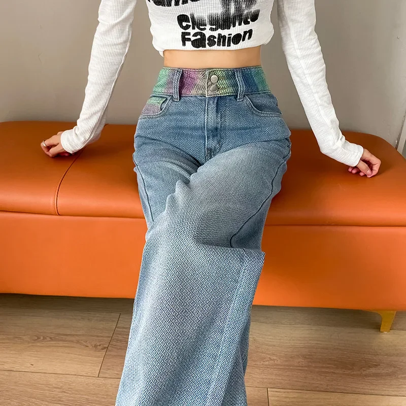 

Street Fashion Spell Color Denim Straight-leg Pants, Women's New Spring and Summer Baggy Patchwork High-waisted Wide-leg Jeans