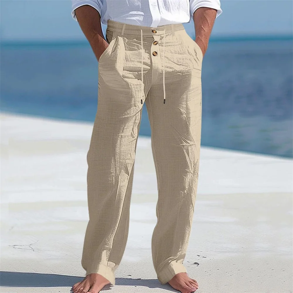 

Men's Cotton Long Pants Breathable Lightweight Button Design Vacation Basic Style Casual Solid Color Male Cozy Trousers
