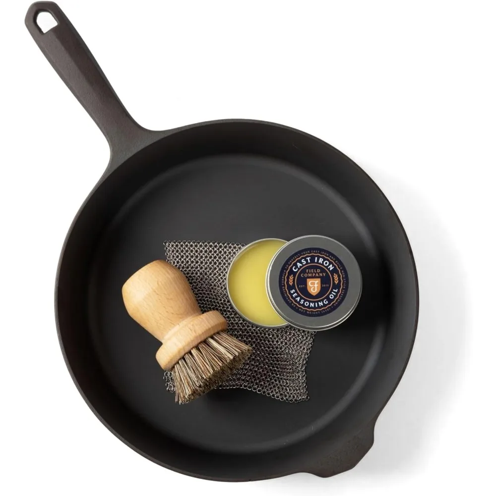 

Field Cast Iron Starter Set -10.25 Inch Cast Iron Skillet with Cleaning Kit: Natural Fiber Brush, Chain Mail Scrubber & Organic