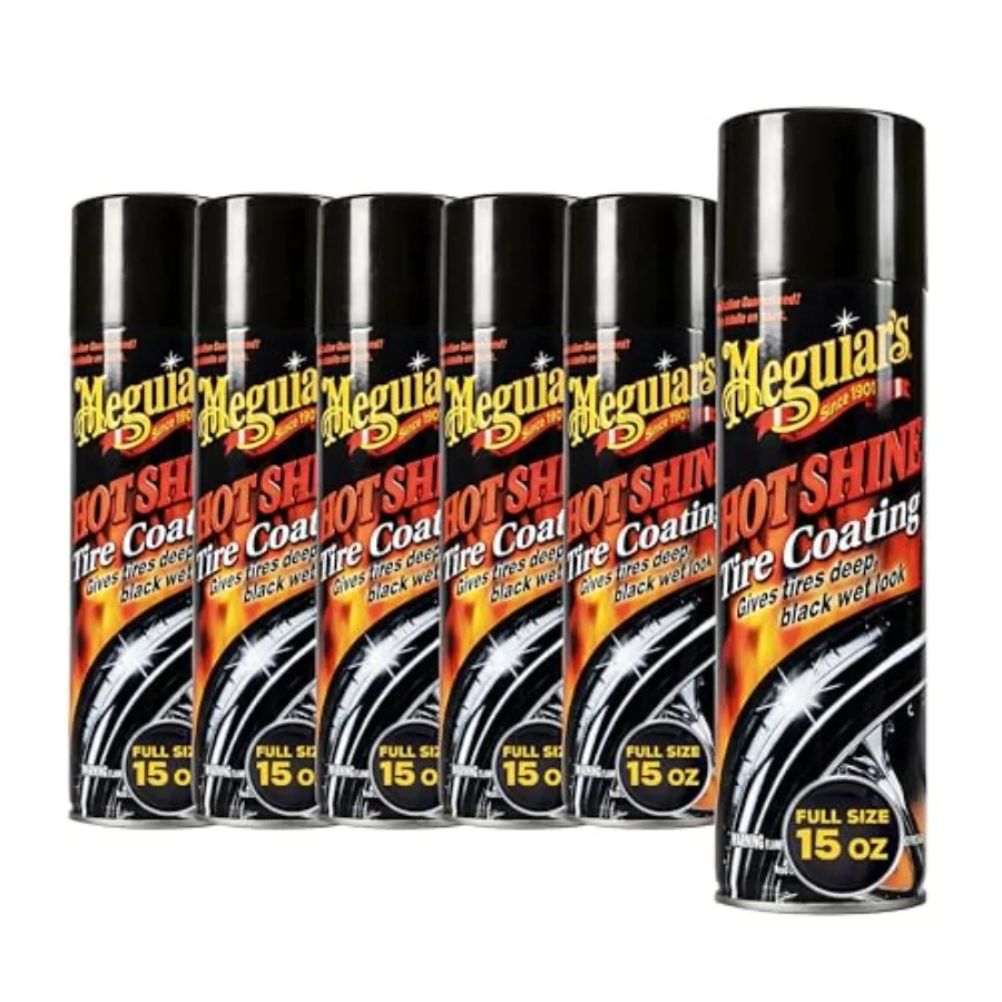 

Hot Shine High Gloss Tire Coating 6 Pack 6 x 15 oz = 90 oz Total Aerosol Tire Shine Spray for Deep Black Wet Look Tires on Cars