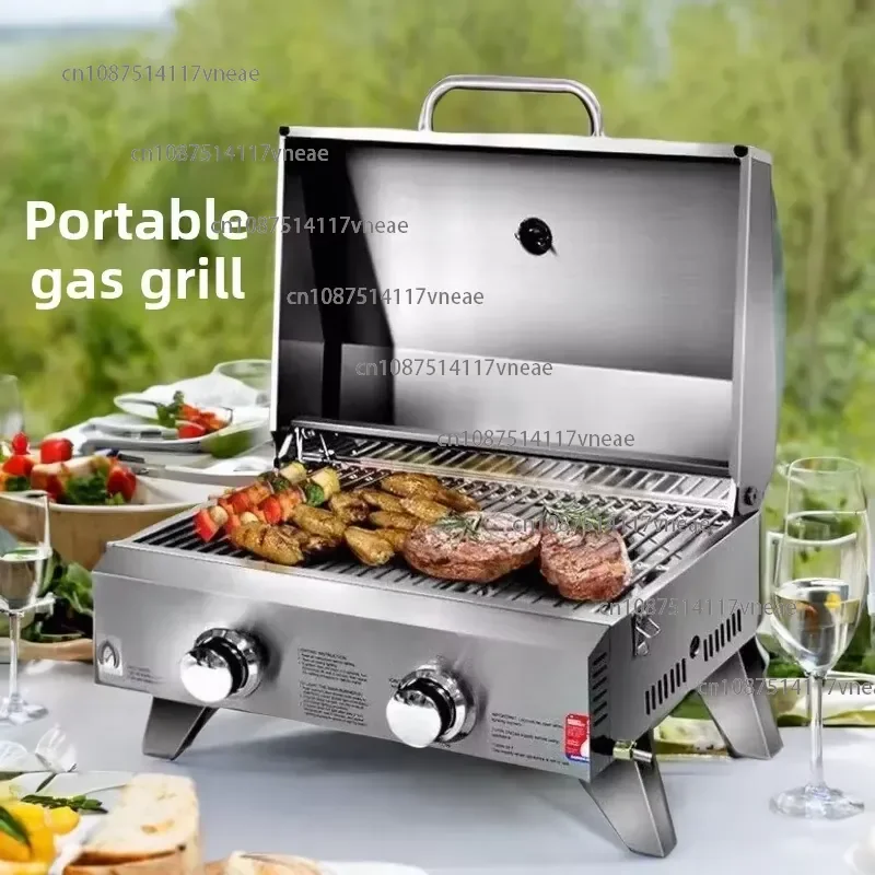 Stainless Steel Outdoor Portable Foldable Windproof 2-Burner LPG Gas BBQ Grill Camping Picnic Cookware