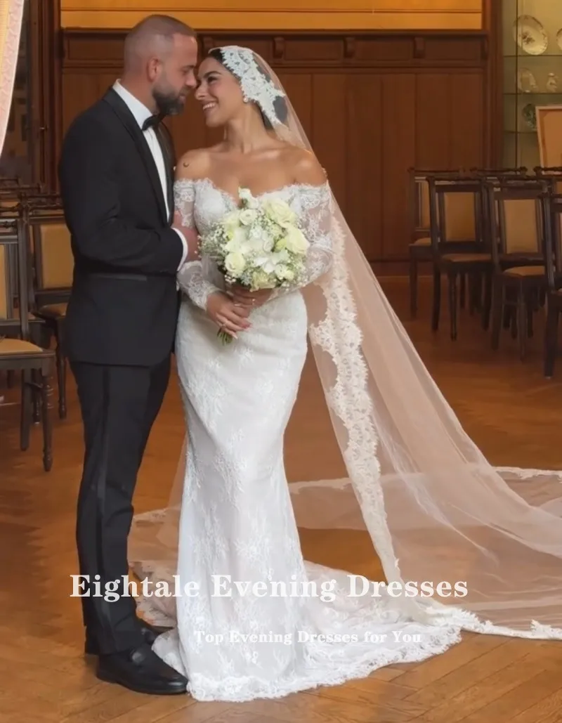 Eightale Lace Wedding Dresses V-Neck Customized Long Sleeves Lace Mermaid White Ivory Muslim Bridal Gown Vestidos De Novia