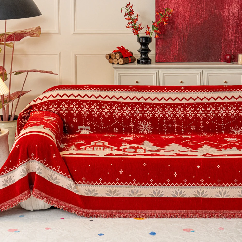 Winter Red Christmas Tree Pattern Sofa Cover Blanket Fabric Christmas Celebration Cloth Multifunctional Universal Sofa Covers