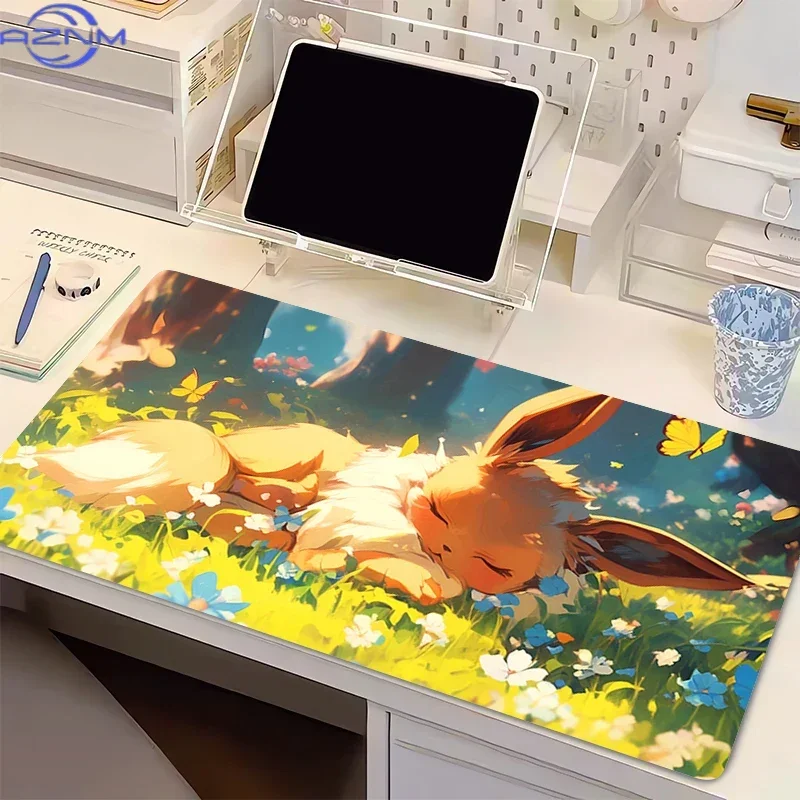 Two Cute Fluffy Anime Fox Creatures Sleeping With Heart Pattern Print Mouse Pad Rubber Non Slip Desk Mat For Gaming Office Lapto