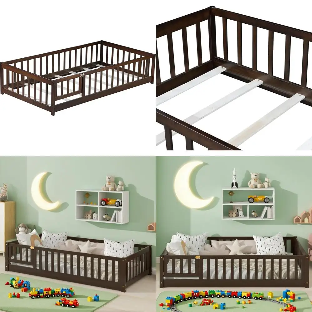

Wooden Twin-Size Montessori Bed with Slats, Safety Rail, and Storage Drawer for Kids