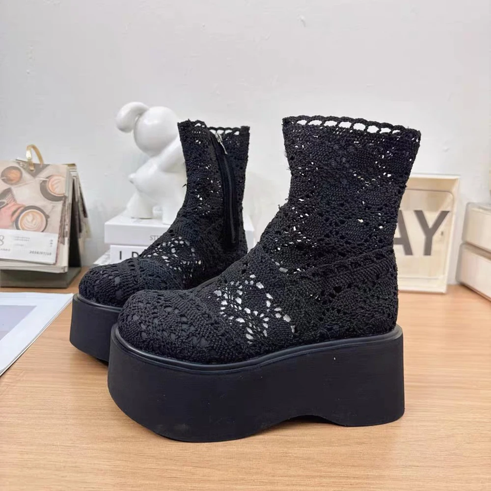 Summer Cool Women's Hollow Out Crochet Thicken Platform Ankle Boots High Wedge Heel Breathable Casual Combat Boots Bottine Shoes