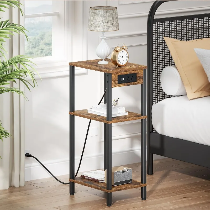 End Table with Charging Station and USB Ports, 3 Tier Narrow Side Table with Storage, Skinny Nightstand with Outlets for Bedroom