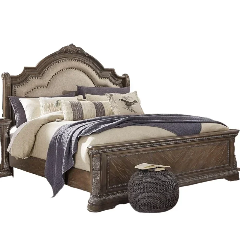 

American country solid wood double bed master bedroom 1.8 meters French retro high-end wedding oak log bed