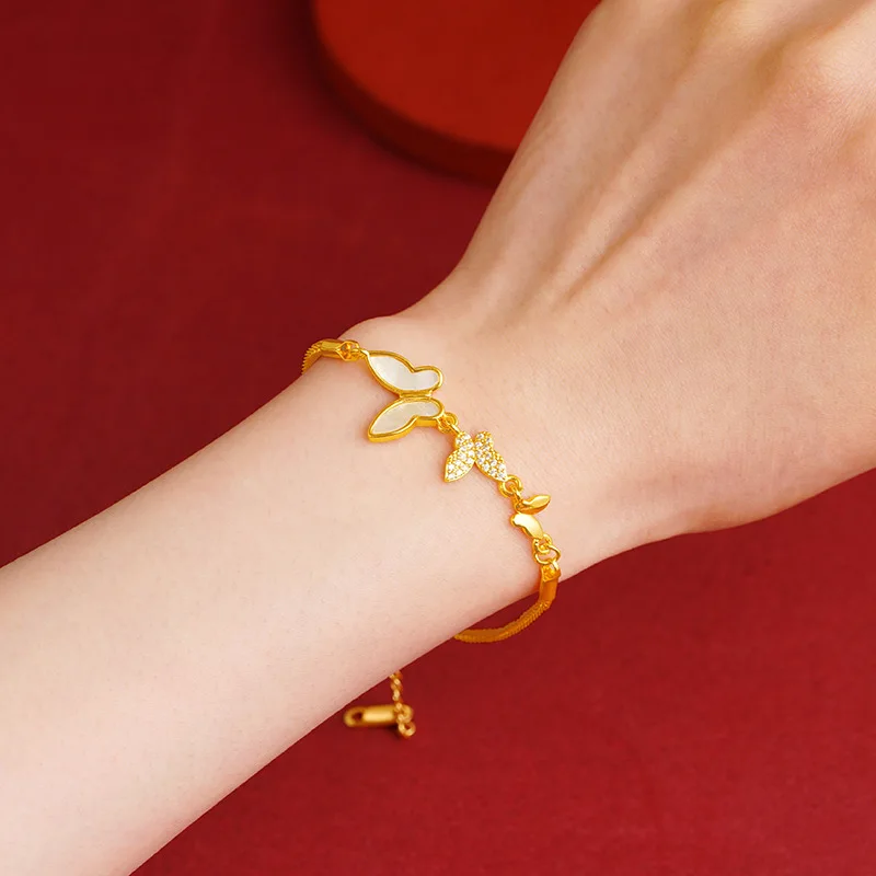 Genuine 14k Yellow Gold Color Butterfly Pendant Bracelet for Women Hand Chain Birthday Wedding Jewelry Gifts Free Shipping