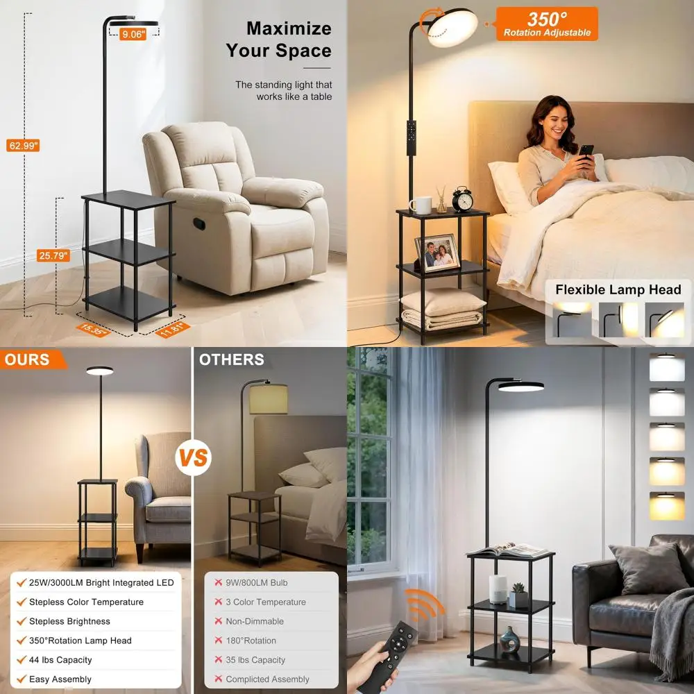 

Регулируемый светодиодный напольный светильник 25 Вт со встроенным столиком, 3000 люмен, с пультом дистанционного управления, 350 ° Поворотная головка для дома и офиса