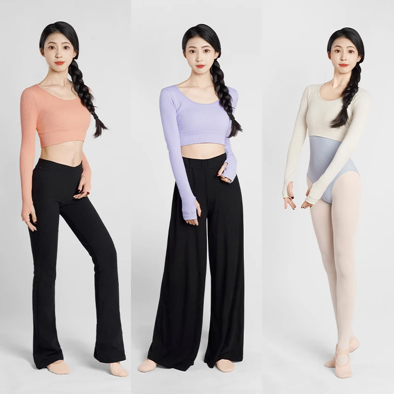 امرأة الكبار محبوك الرقص المحاصيل القمم طويلة الأكمام اليوغا الرياضة الرقص البلوز القمم مردف زي الياقة المستديرة الباليه القمم #4