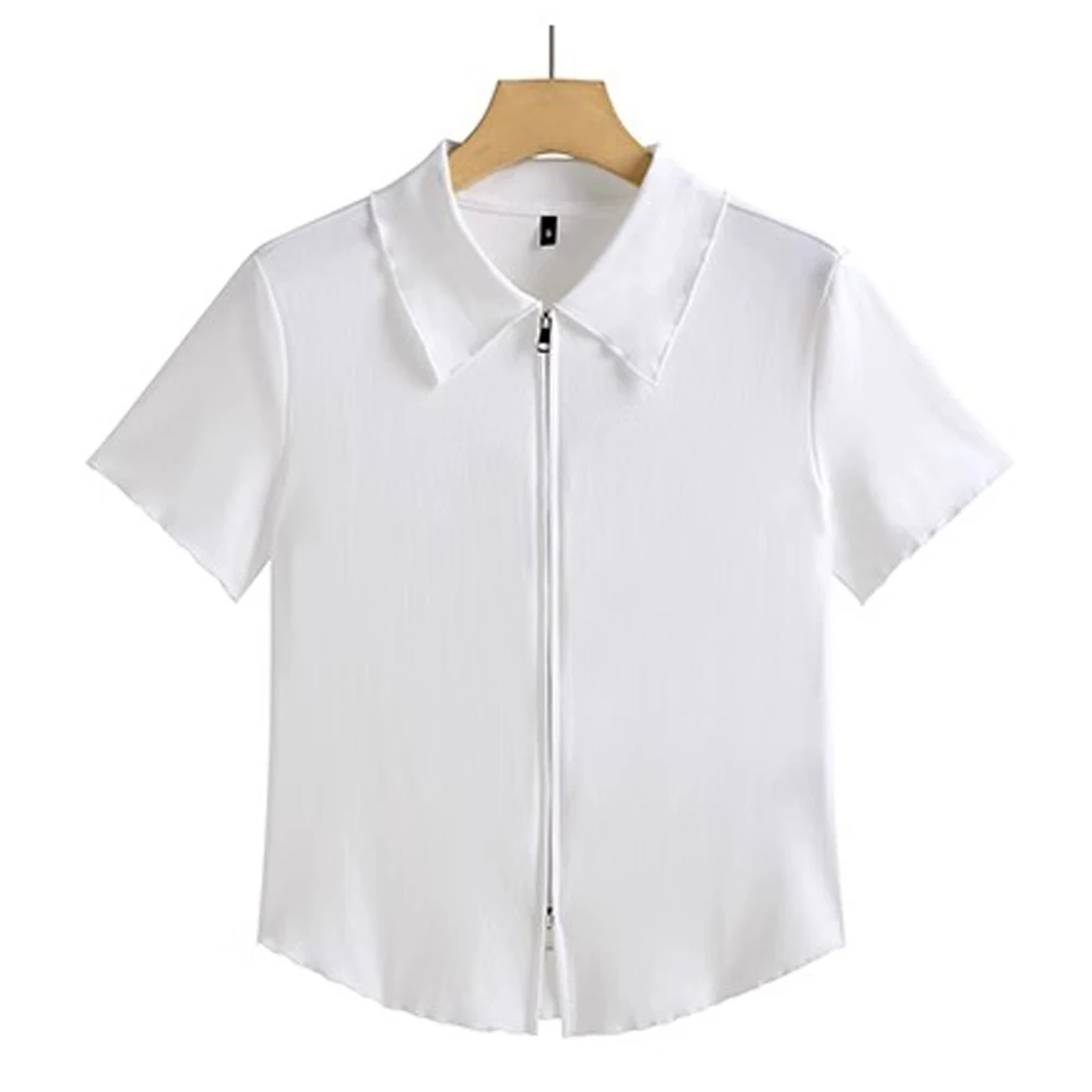 Korean version pink short sleeved t-shirt for women's summer new high-end cotton curved hem slim fit zipper lapel casual top - view 6