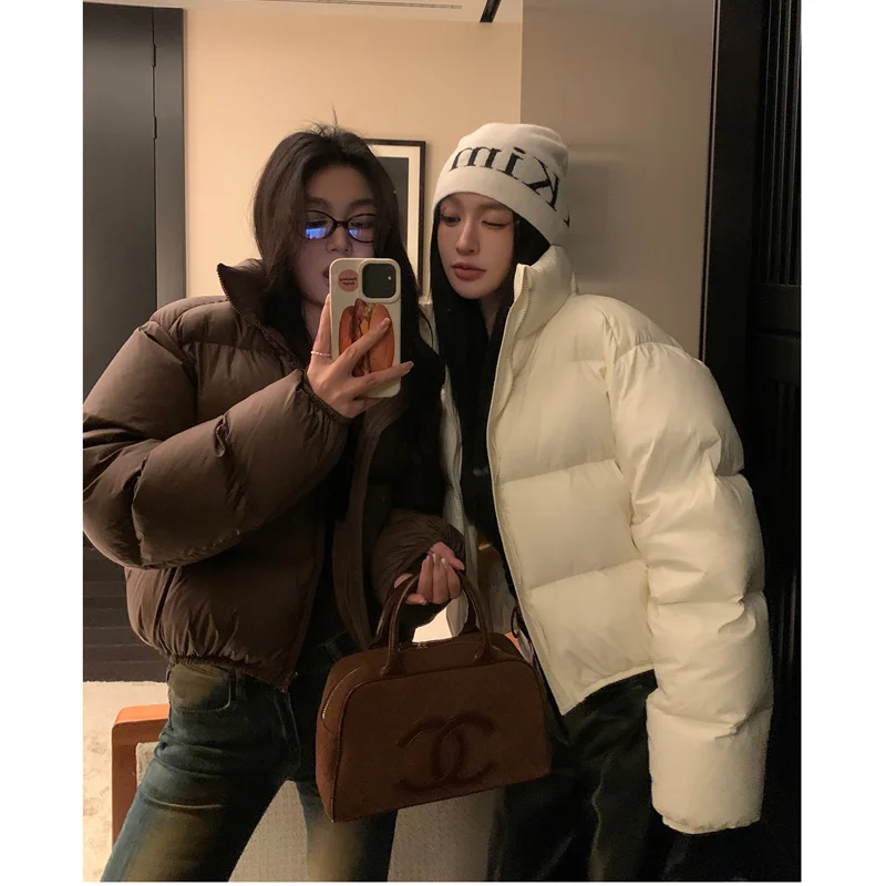 Down Jacket Women Coat Stand Collar Fashion American Streetwear Y2K Style Duck Down Feather Female 2024 Winter Short Outwear