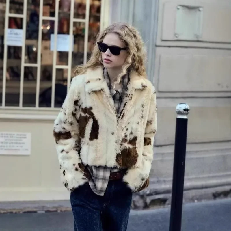 

Women's Thickened and Warm Short Styles Lapels Zippers Long Sleeves Jacket Fashion Animal Pattern Printing Faux Fur Coat Women