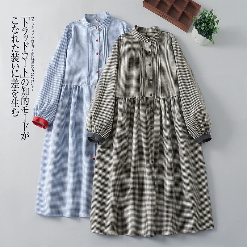 Sweet Japanese Sle Cotton Linen Plaid Long Sve Dr Women Spring Autumn Slimming Doll Dr Cardigan Stand Collar Long ...