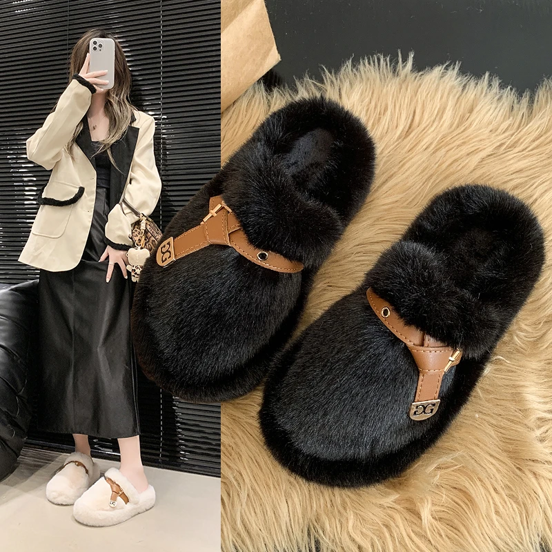 

Winter Warm Slippers Fashion Fur Thick Sole Flat Bottom Middle Follow Sexy Women's Casual Shoes Bedroom Soft Zapatillas De Mujer