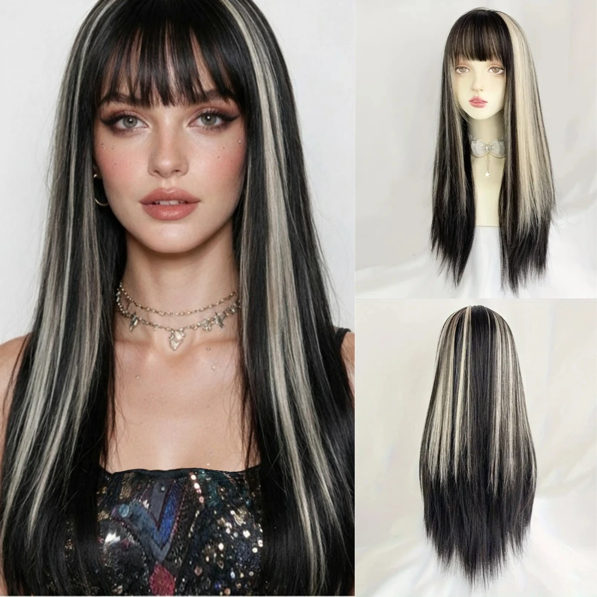 Synthetic Long Straight Black White Mixed Wigs with Bangs Lolita Cosplay Women Fluffy Hair Wig for Daily Party Heat Resistant
