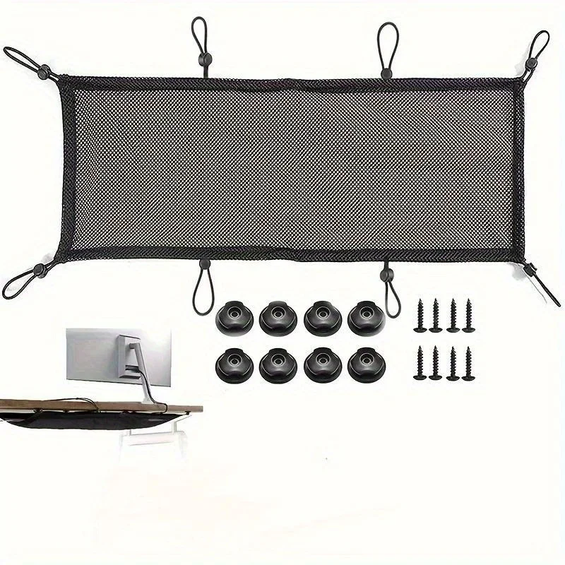 Filet de gestion des câbles sous le bureau, organisateur en maille à bord élastique à 8 trous pour cache-fil de bureau et de maison