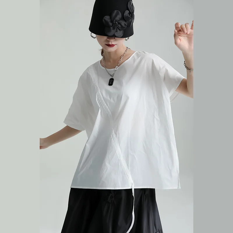 2024 summer new fashion round collar in black and white wave point bump color T-shirt draw string the bat sleeve blouse