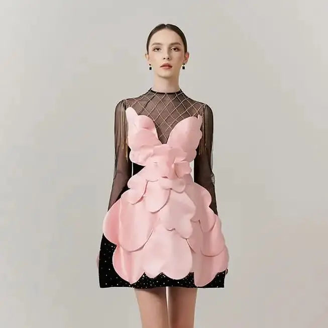 

Gothic Black Pink Floral Mini Dress for Women Party Red Carpet Evening Wear Luxury Formal A-Line Short Gown High Neck Long Sleev