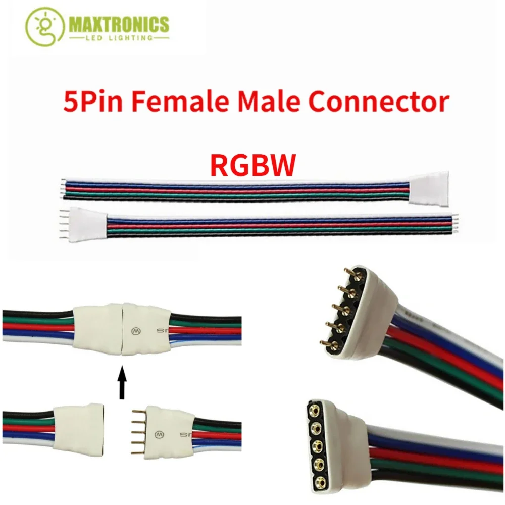 10PCS 5Pin Female Male Connector With Cable Cord 15cm Length For RGBW RGB + Warm/White 5050 LED Strip Light Tape Ribbon