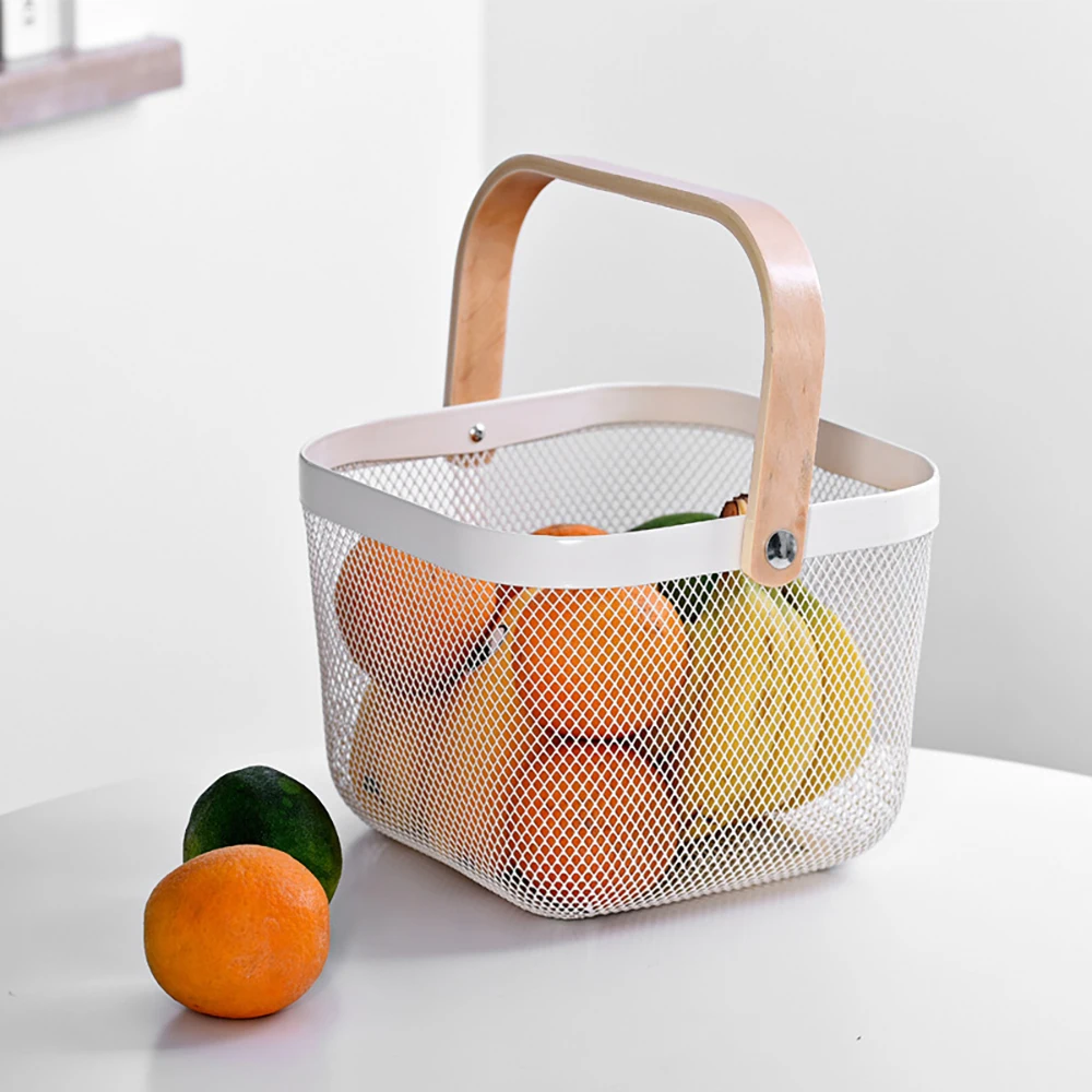 Fruit Basket Iron Art Mesh Home Kitchen Organizer Wooden Handle Stackable Counter Cabinet Vegetable Storage Storage Basket