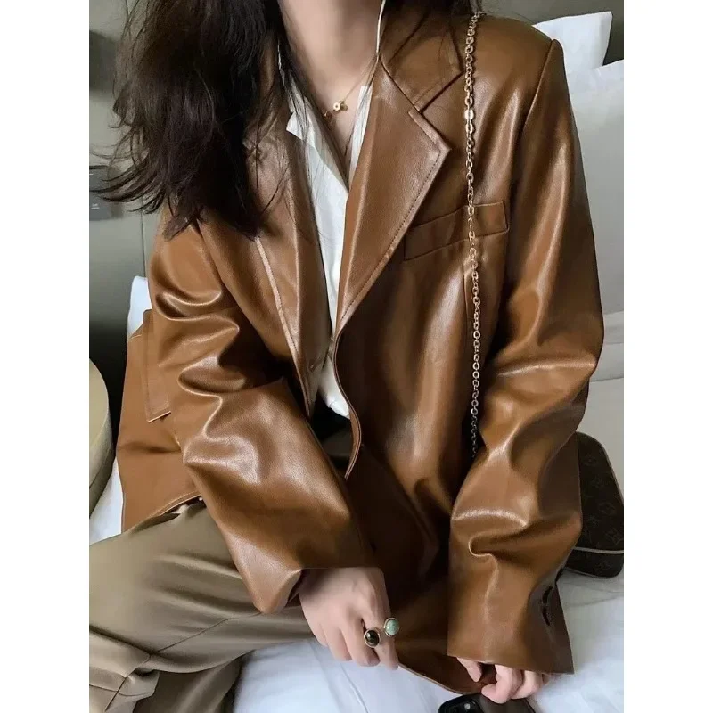 Insozkdg Women Autumn New American Leather Blazer Suit Jackets Retro Casual Solid Color Loose Leather Suit Jacket Women Clothing