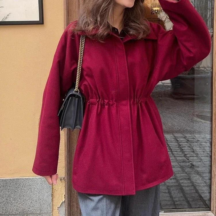 

Women's Tweed Coat High Neck Turtle Collar Drawstring Waist Long Sleeve Belted Fall Winter Elegant Outerwear