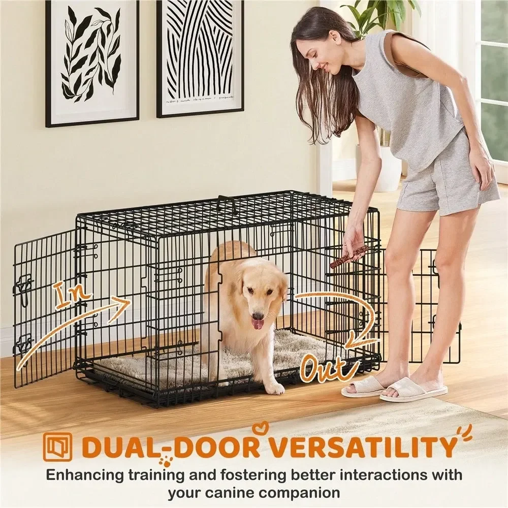 

42 Foldable Metal Wire Dog Crate With PullOut Tray, Pet Cage With 2 Doors, Portable Dog Cage With Detachable Handle, For Medium