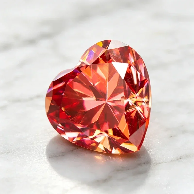 Moissanit-Stein, Wassermelonenrot, herzförmig, im Labor gezüchteter Edelstein für die Herstellung von hochwertigem Schmuck, Ringe und Ohrringen, inklusive Zertifikat. – Detail 3