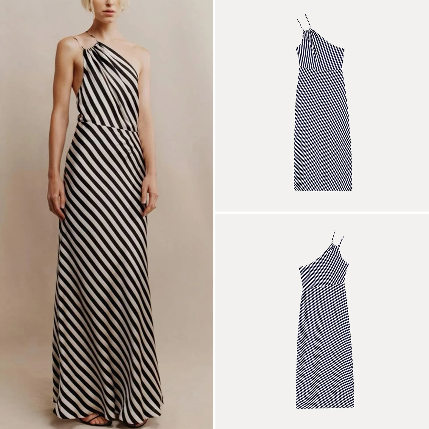 Women's Fashion Summer Print Asymmetrical Strap Dress Slant Stripe Positioning Personality Single Piece H Version Body Shape