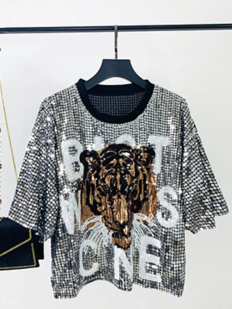 

Fashion Letter Tiger Head Sequined Short-Sleeved T-shirt Female 2024 Summer New Street Loose Short Round Neck Top Women Clothes