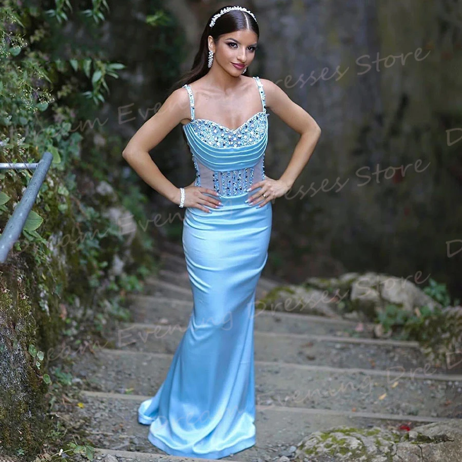 Hermoso Vestido De Noche clásico De sirena azul para mujer, encantador Vestido De graduación sin mangas con tirantes finos, Vestido De Noche con cuentas