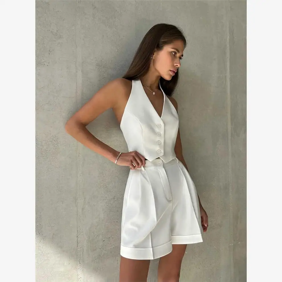 브이넥 탱크탑 세트 여성용 패셔너블한 여름 의상 버튼 클로저 폴리에스터 원단 바지