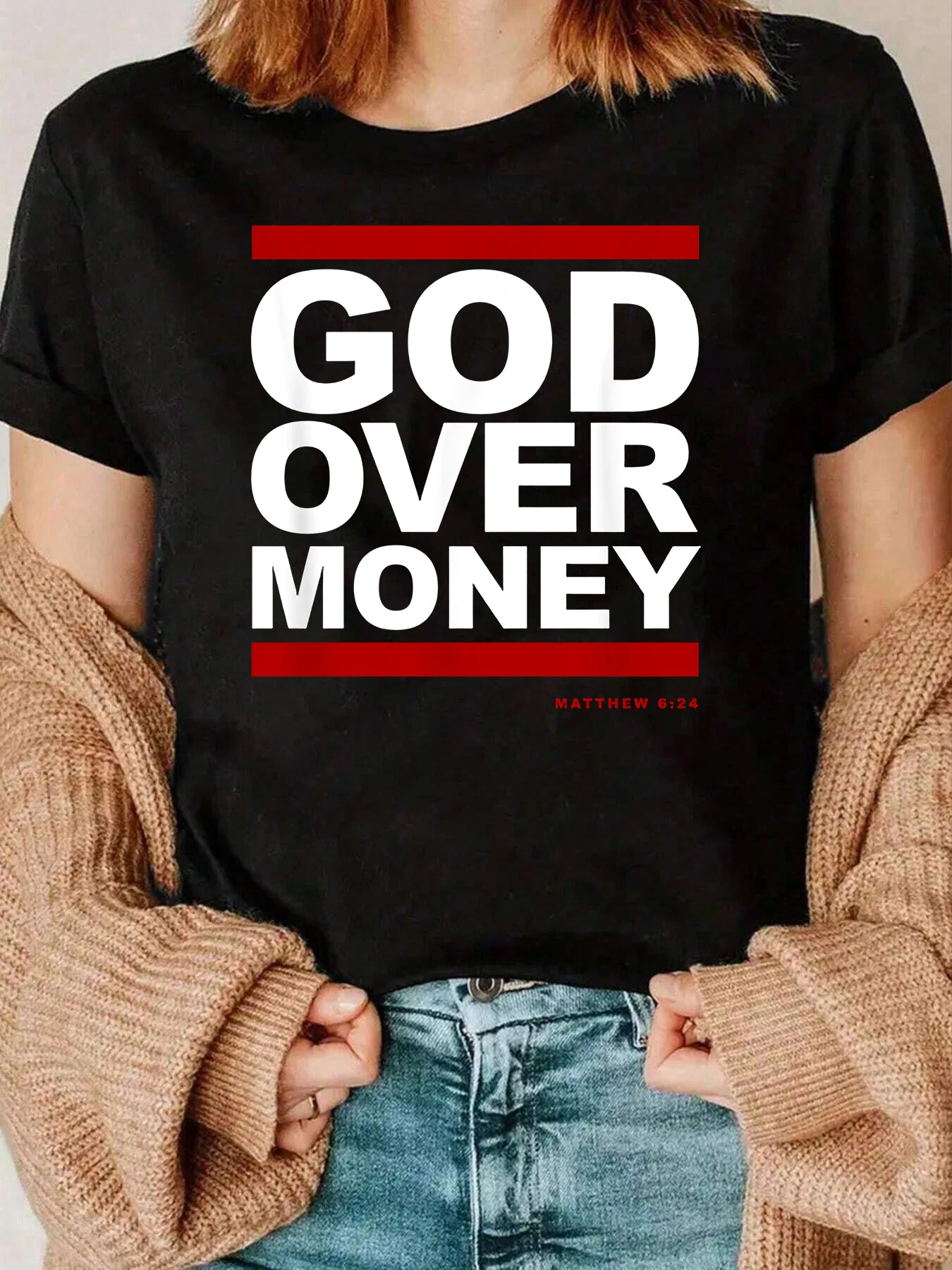 돈보다 큰 하나님의 말씀 성경 구절 티셔츠 기독교 신앙 표현 여성용 캐주얼웨어 220g