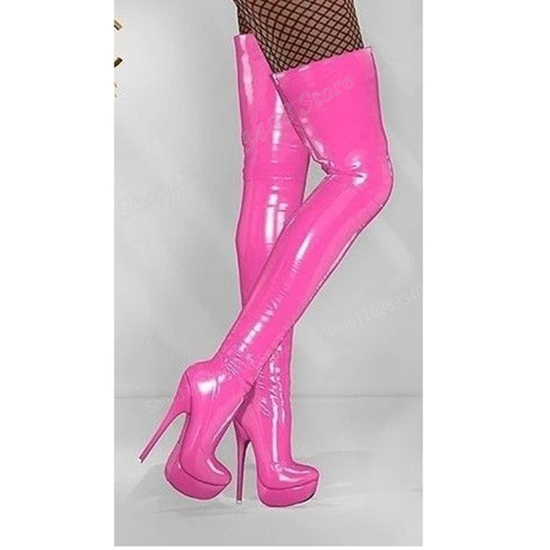 

Rose Red Patent Leather Thigh High Boots Platform Round Toe Thin High Heel Women Shoes 2023 Fashion Sexy Zapatos Para Mujere
